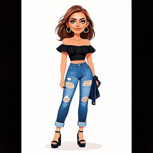 Trendy Woman in Casual Streetwear with Ripped Jeans and Off-Shoulder Top Illustration