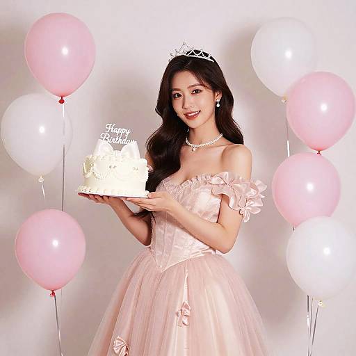 Elegant Woman in Pink Frock Holding Birthday Cake with Balloons