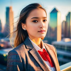 Confident Young Woman in Stylish Blazer with City Skyline