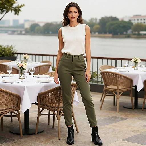 Casual Chic Woman in White Sleeveless Knit Top and Olive Green Pants by the Waterfront