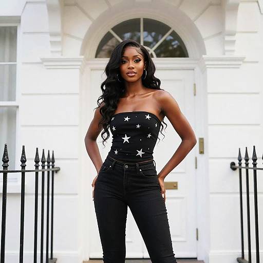 Stylish Woman in Black Starry Strapless Top and Jeans Posing Outdoors