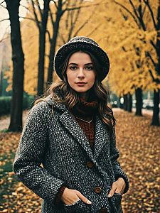 Woman in Vintage Cozy Fall Outfit Photorealistic Outdoor Autumn Portrait