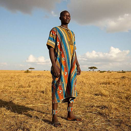 Man Wearing Traditional African Dashiki in Savanna Landscape