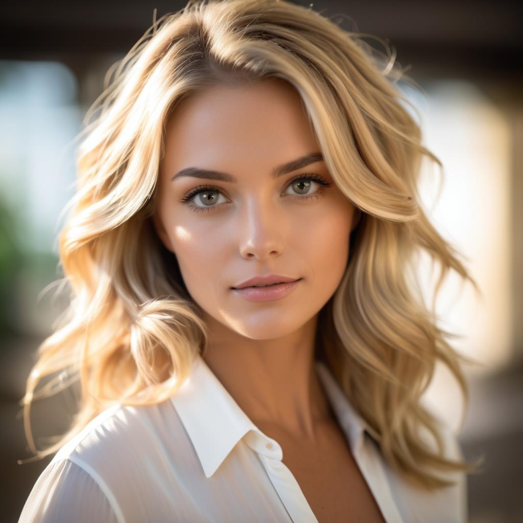 Portrait of a Confident Young Woman with Blonde Hair and Green Eyes