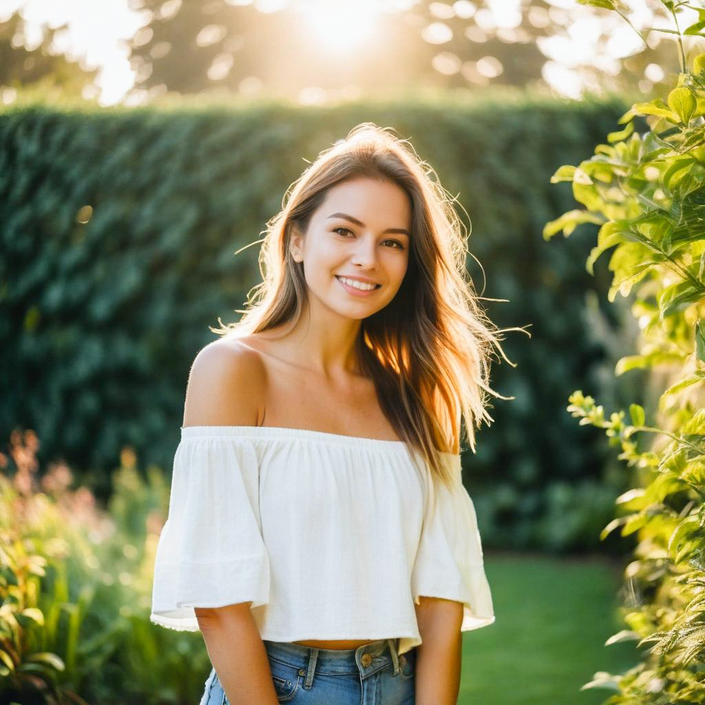Young Woman in Sunlit Garden