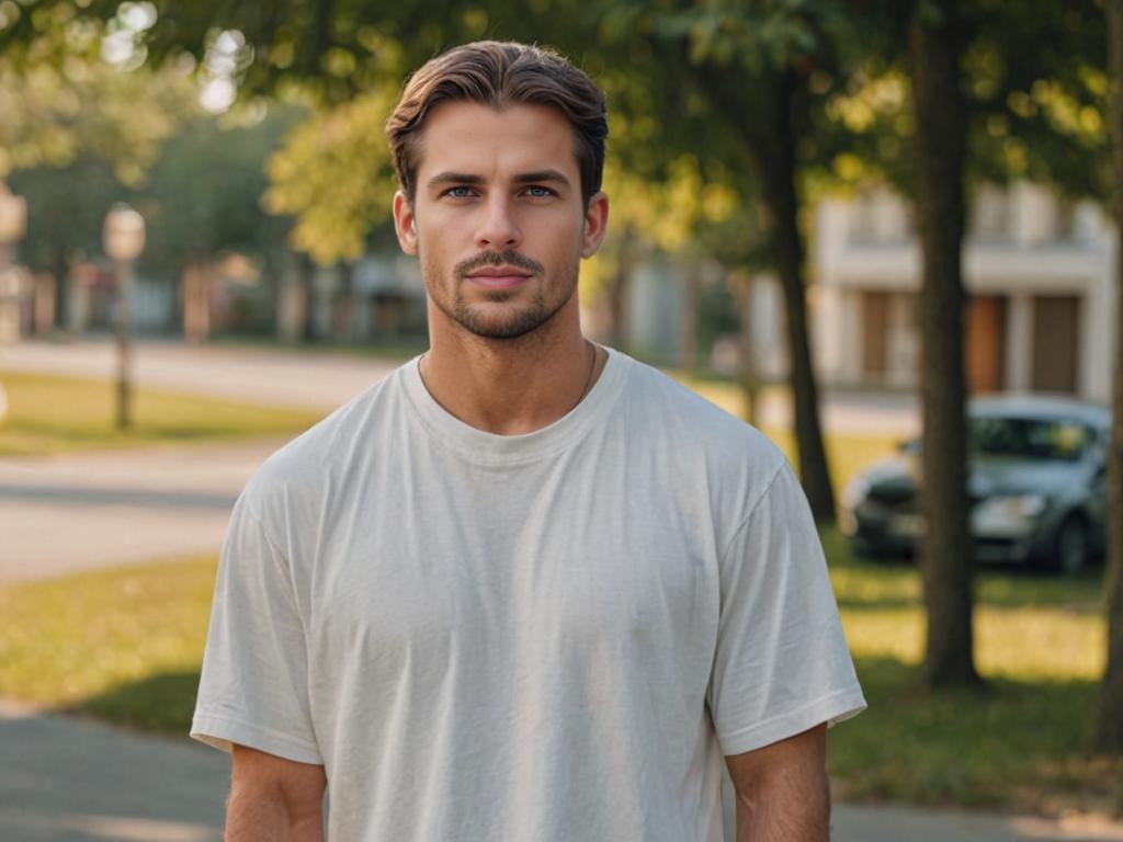 Man in white t-shirt outdoors