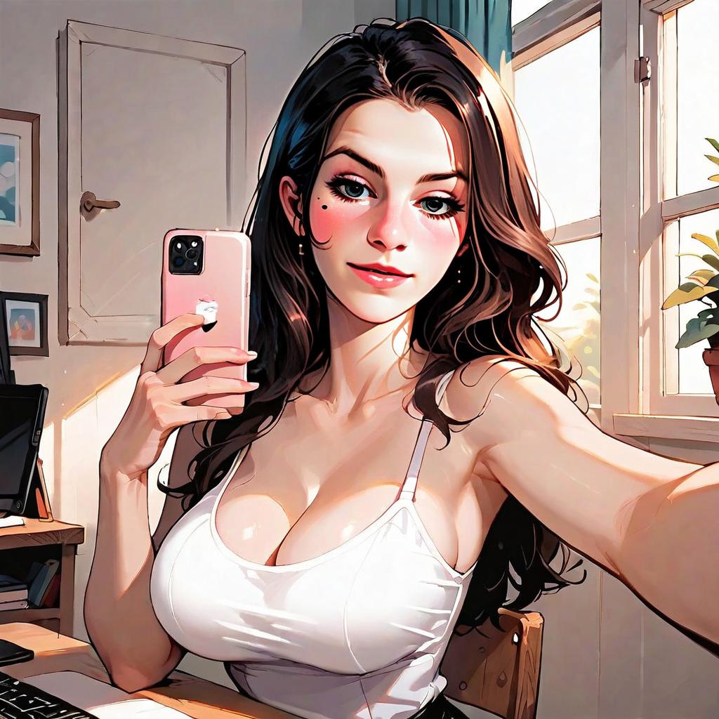 Digital Illustration of Woman Taking Selfie in Sunlit Room