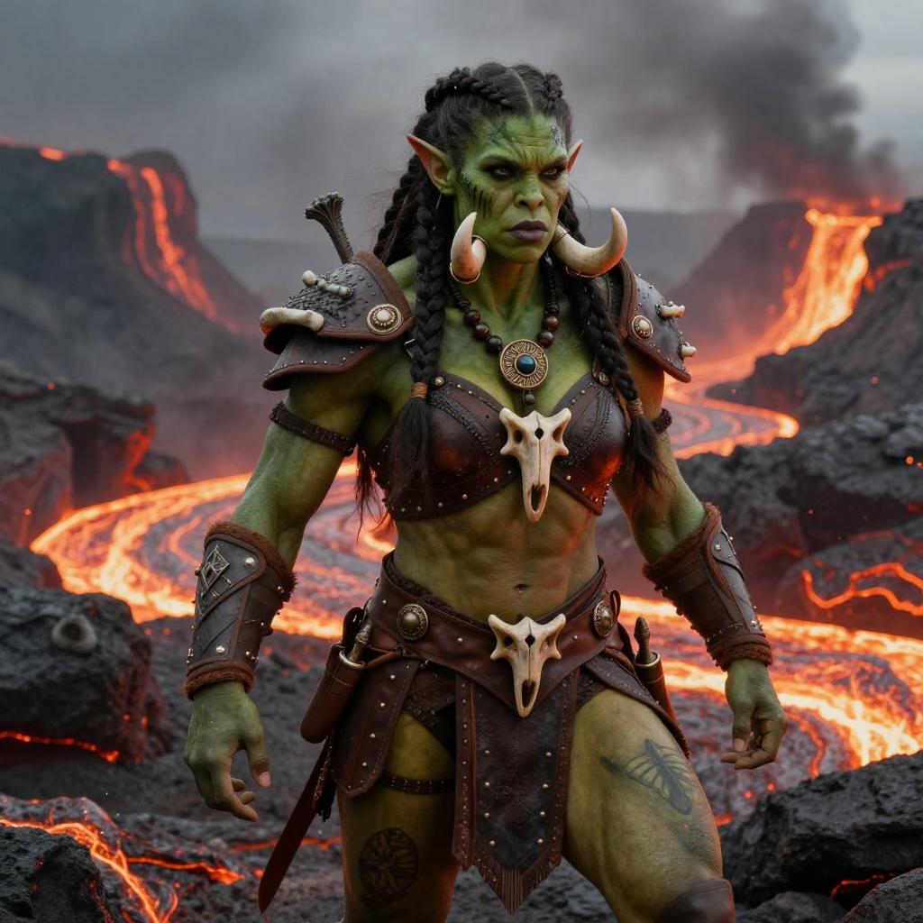 Fantasy Orc Warrior Woman in Volcanic Lava Landscape
