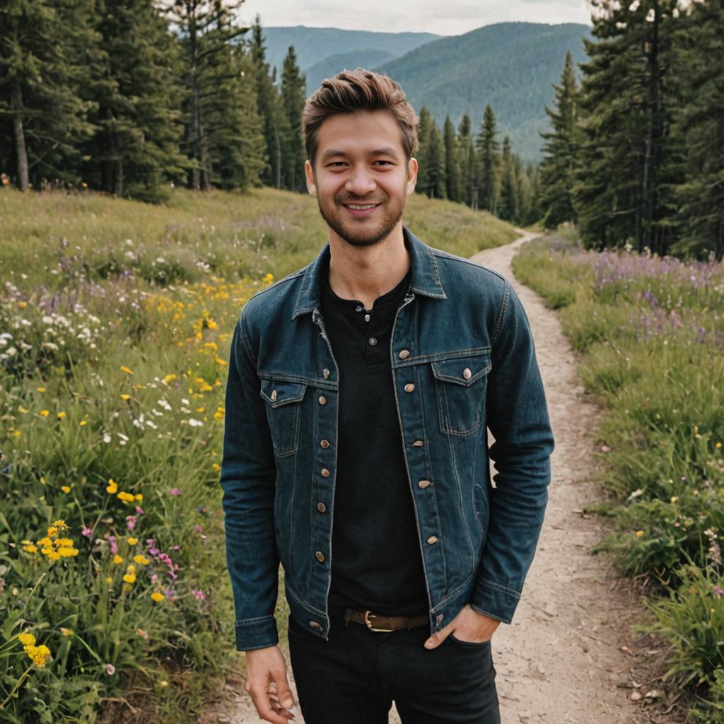 Smiling Man in Denim Jacket on Scenic Trail