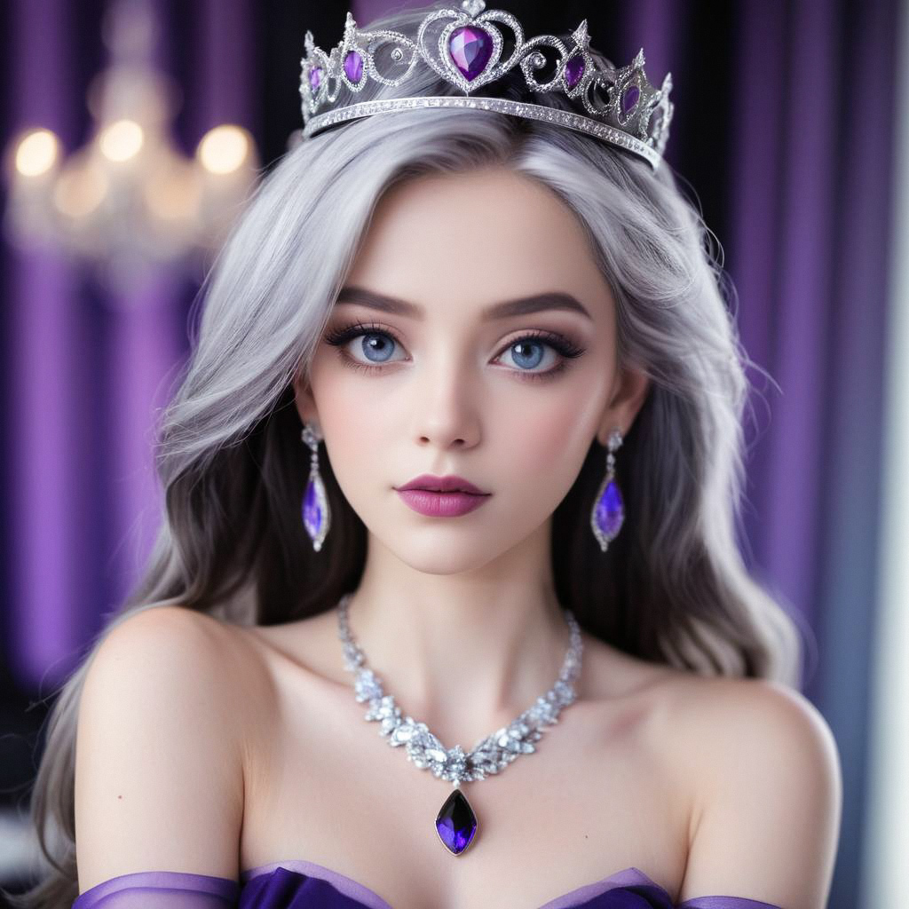 Elegant Young Woman with Silver Hair and Blue Eyes in Purple Gown Elegant Young Woman with Silver Hair and Blue Eyes in Purple Gown
