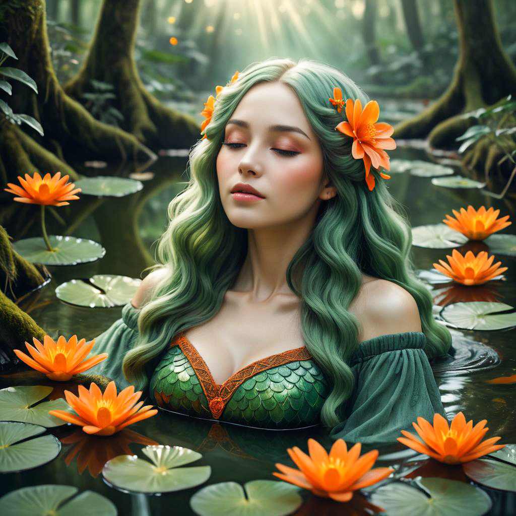 Serene Woman with Green Hair in Tranquil Pond