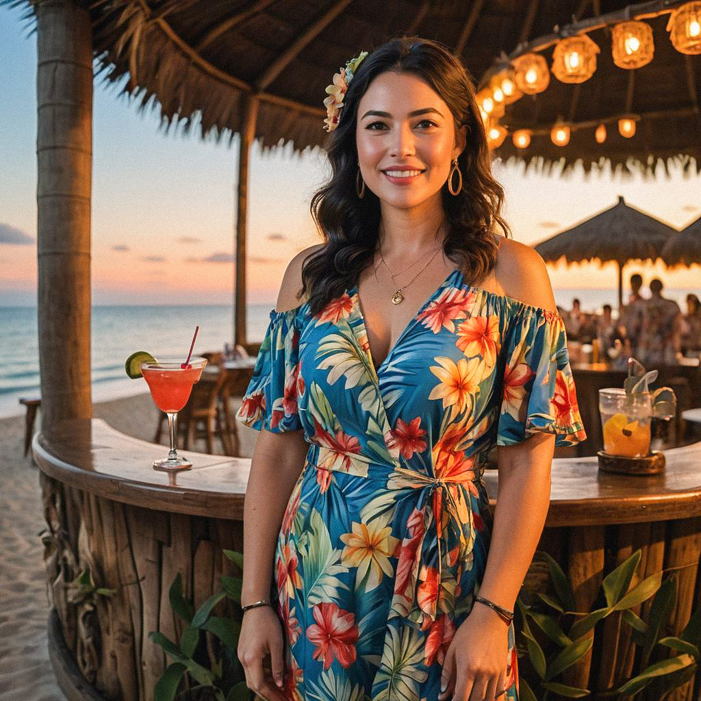 Tropical Beach Scene with Woman at Sunset