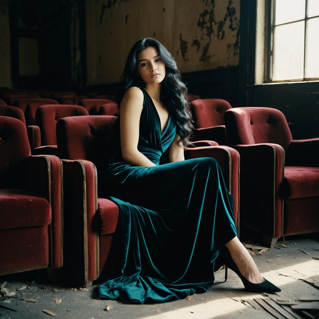 Elegant Woman in Deep Green Velvet Dress Sitting in Vintage Theater