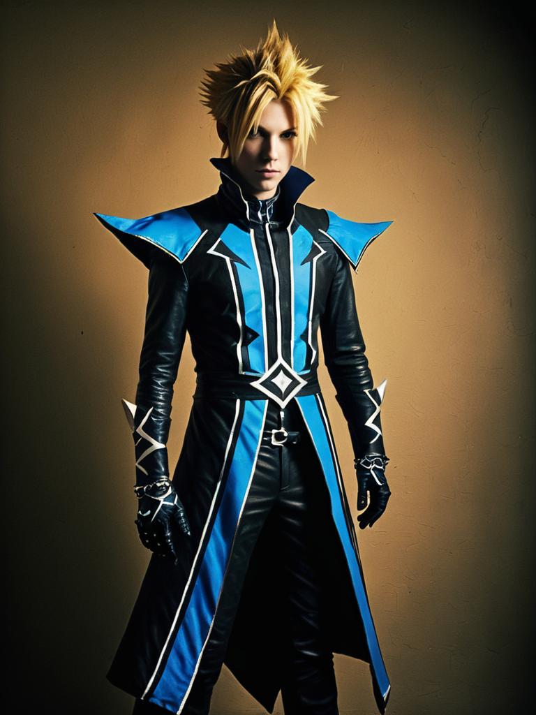 Realistic Demyx Cosplay Man in Black and Blue Costume with Spiky Blonde Hair