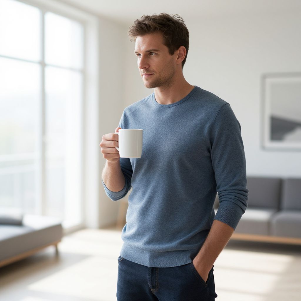 Young Man in Blue Sweater Holding White Mug in Modern Living Room