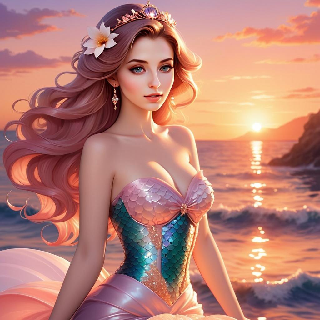 Fantasy Mermaid Woman at Sunset