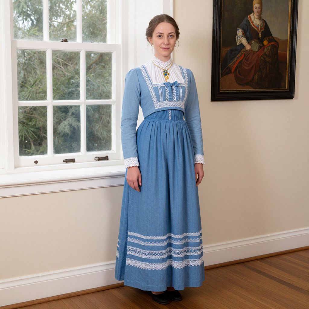 Woman Wearing Traditional Blue Lace Vintage Dress Indoors