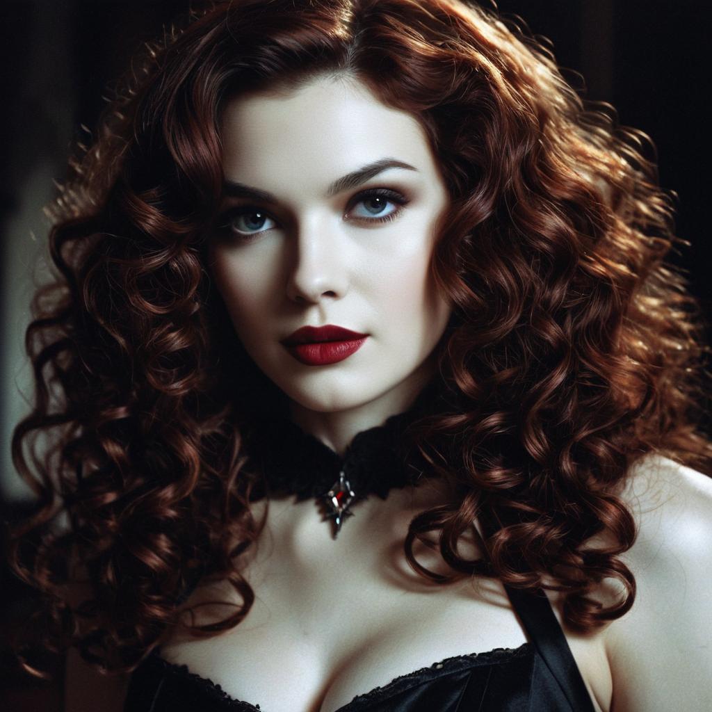 Glamorous Portrait of Woman with Curly Auburn Hair and Vintage Style
