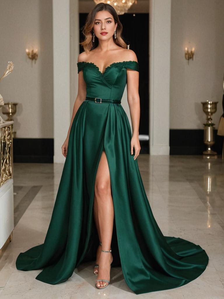 Elegant Woman in Green Evening Gown