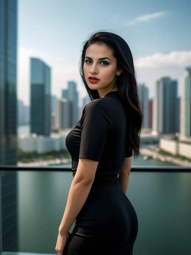 Confident Woman in Black Dress Against Urban Skyline