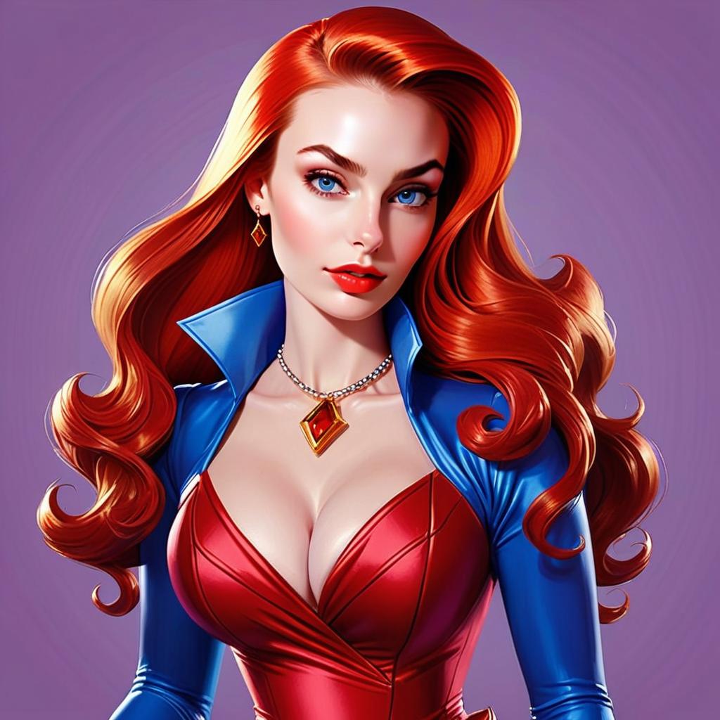 Digital Art of Red Haired Woman in Bold Red and Blue Outfit
