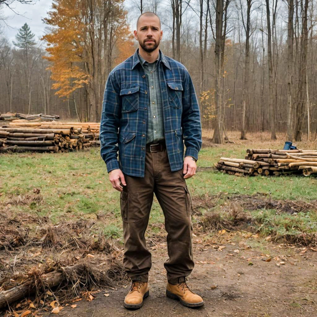Man in Workwear Standing by Stacked Logs in Autumn Forest