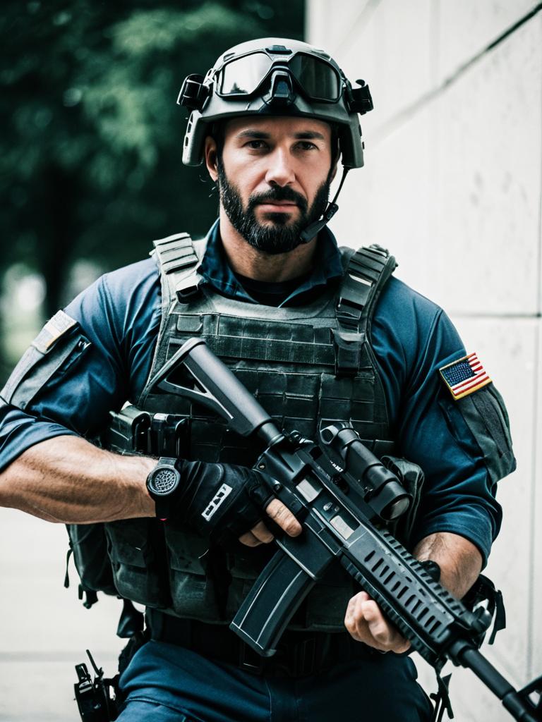 Man in Tactical Gear with Assault Rifle