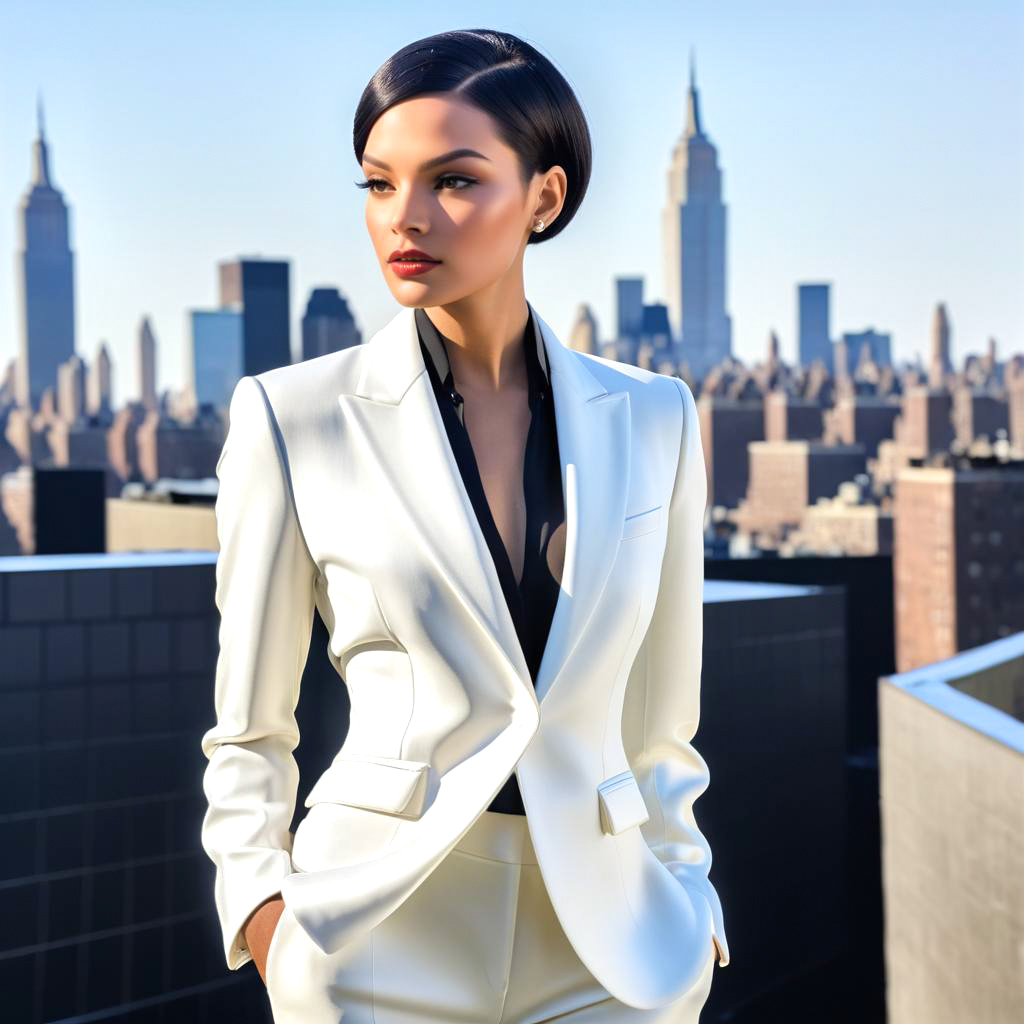 Confident Woman in White Suit Against NYC Skyline