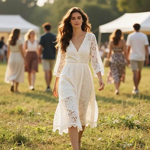Young Woman in White Lace Dress Walking Outdoors in Sunlit Field
