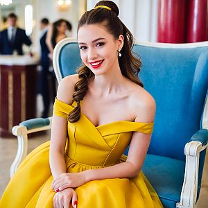 Elegant Woman in Yellow Gown on Blue Armchair