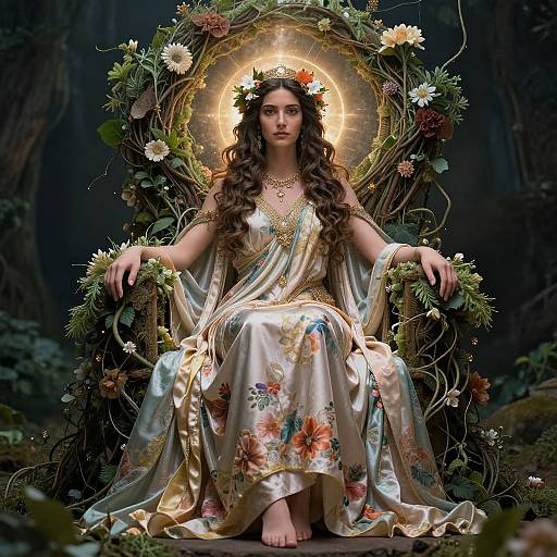 Regal Woman in Floral Gown Sitting on Enchanted Nature Throne