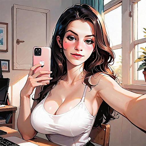 Digital Illustration of Woman Taking Selfie in Sunlit Room