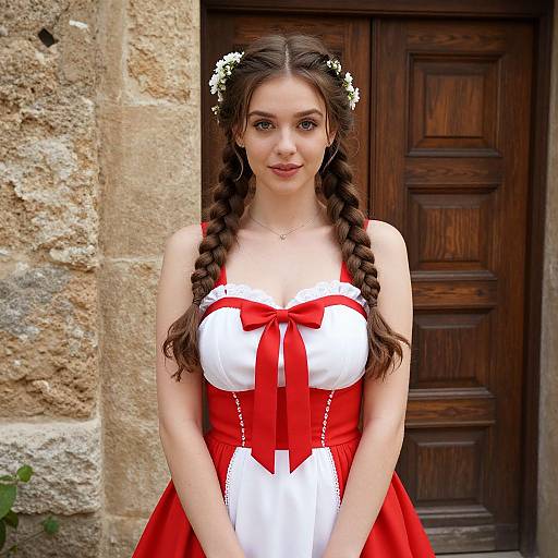 Young Woman in Traditional Red and White Dress with Braided Hair