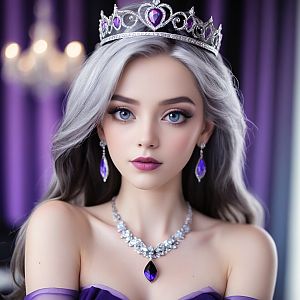 Elegant Young Woman with Silver Hair and Blue Eyes in Purple Gown