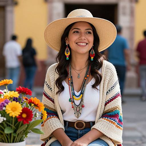 Woman in Bohemian Style Hat and Colorful Knit Cardigan Outdoors