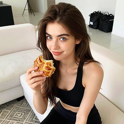 Young Woman Enjoying Pastry in Black Sportswear on White Sofa