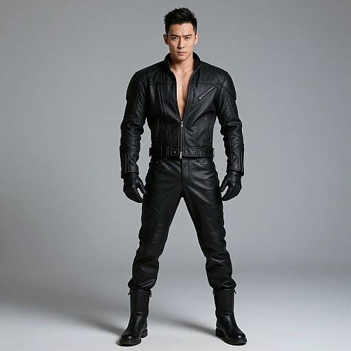 Confident Man Wearing Black Leather Biker Jacket and Pants