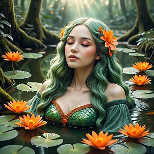 Serene Woman with Green Hair in Tranquil Pond