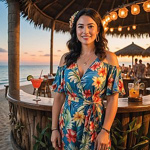 Tropical Beach Scene with Woman at Sunset