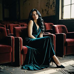 Elegant Woman in Deep Green Velvet Dress Sitting in Vintage Theater