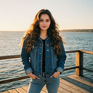 Confident Woman on Pier at Sunset
