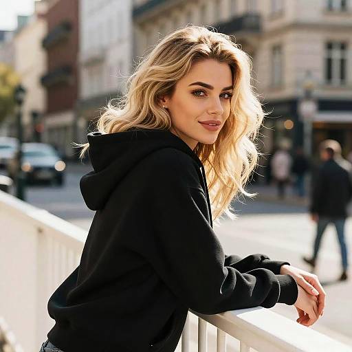 Blonde Woman in Black Hoodie Leaning on Railing in City