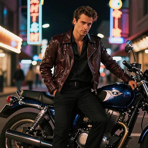 Young Man in Leather Jacket with Classic Motorcycle in Neon City Night