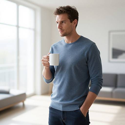 Young Man in Blue Sweater Holding White Mug in Modern Living Room