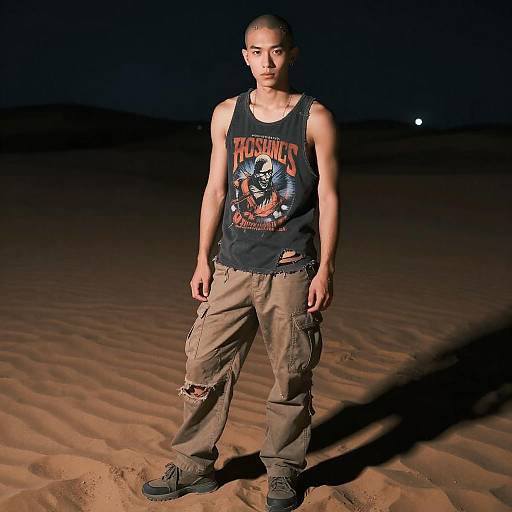 Gen Z Streetwear Fashion Man in Distressed Tank Top and Cargo Pants at Night