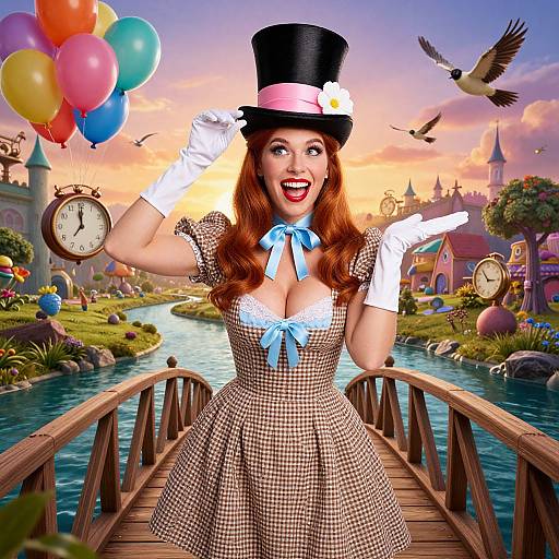 Whimsical Woman in Vintage Dress and Top Hat on Bridge with Balloons and Clocks