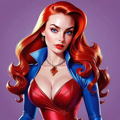 Digital Art of Red Haired Woman in Bold Red and Blue Outfit