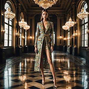 Confident Woman in Opulent Baroque Hall