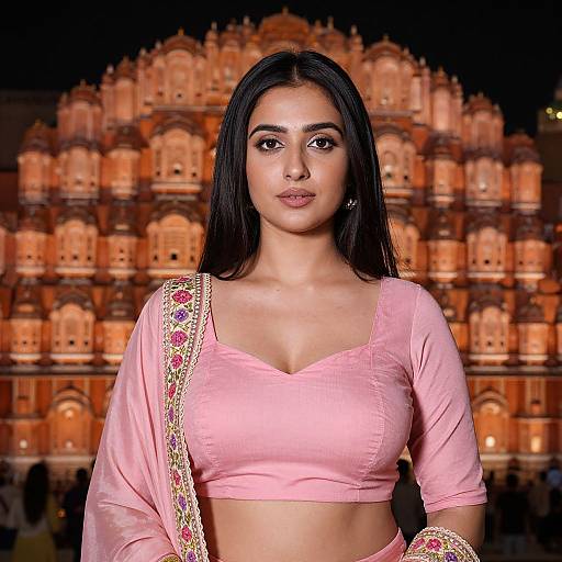 Young Woman in Pink Traditional Outfit at Hawa Mahal Jaipur India