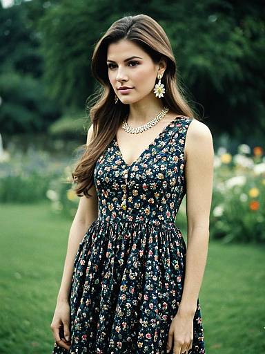 Woman in Elegant Floral Vastra Queen Dress in Garden Setting
